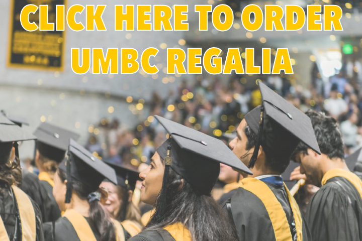 Photo of UMBC Grads in their cap and gown with click here to order written on it.